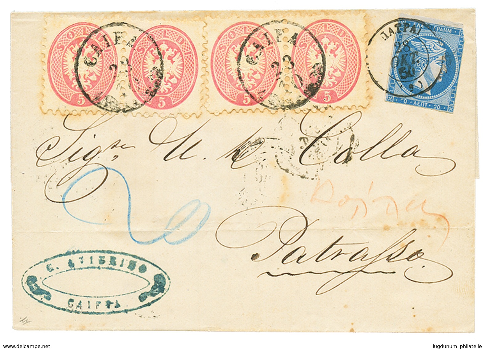 PALESTINE - AUSTRIAN POST OFFICE : 1864 5 SOLDI (x4) Canc. CAIFA + GREECE 20l(fault) On Cover To PATRASSO (GREECE). Extr - Palästina