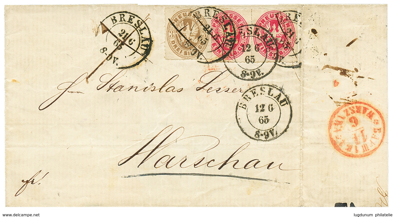 POLAND Incoming Mail : 1865 PRUSSIA 1s(x2) + 3s Canc. By Error BRESLAU 21 6 65 (pen Cancel) + BRESLAU 12 6 65 On Cover T - Sonstige & Ohne Zuordnung