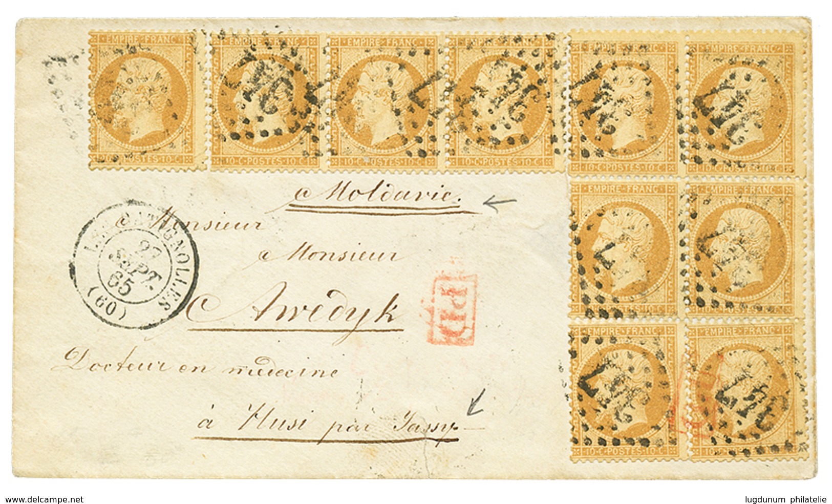 ROMANIA - Incoming Mail To HUSI Via JASSY : 1865 10c Bloc Of 6 + Strip Of 4 Canc. GC 347 + LES BATIGNOLES On Envelopeto  - Sonstige & Ohne Zuordnung