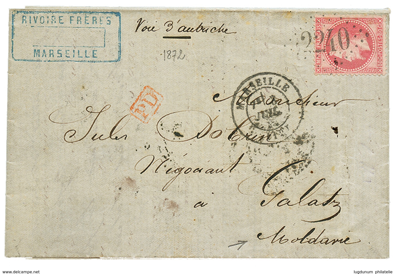 ROMANIA - Incoming Mail : 1872 FRANCE 80c EMPIRE On Cover Via AUSTRIA To GALATZ. Verso, WIEN. Vvf. - Otros & Sin Clasificación