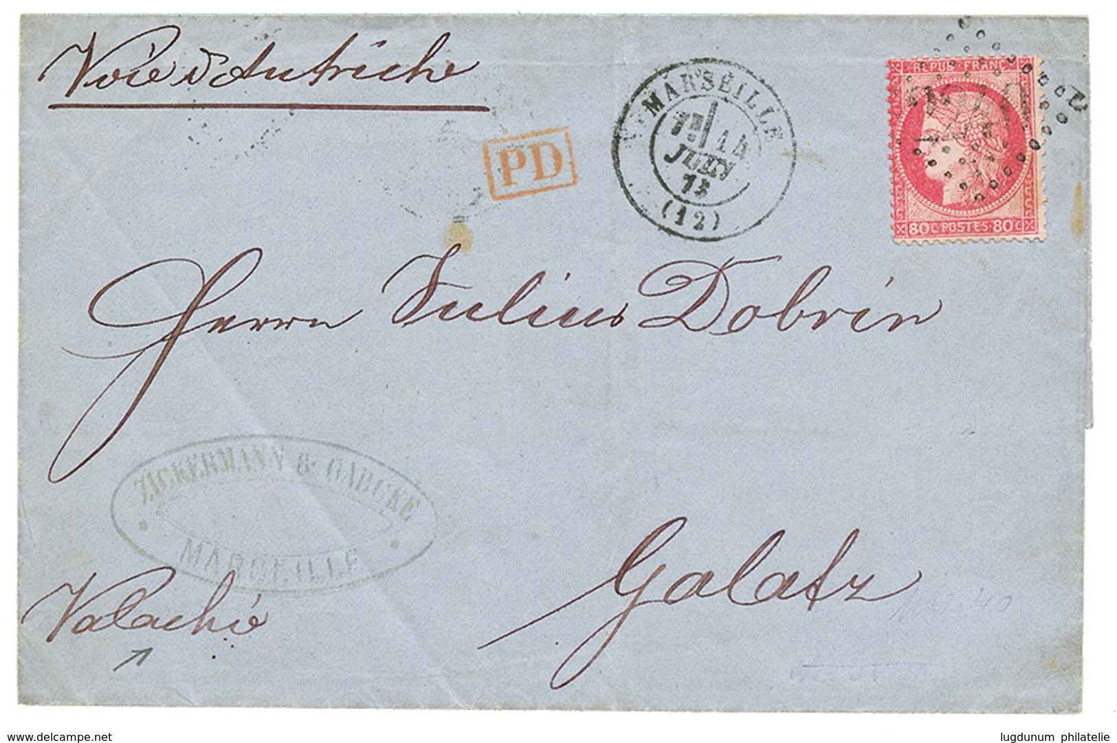 ROMANIA - Incoming Mail : 1873 FRANCE 80c CERES On Cover Via AUSTRIA To GALATZ. Verso, WIEN. Vvf. - Sonstige & Ohne Zuordnung