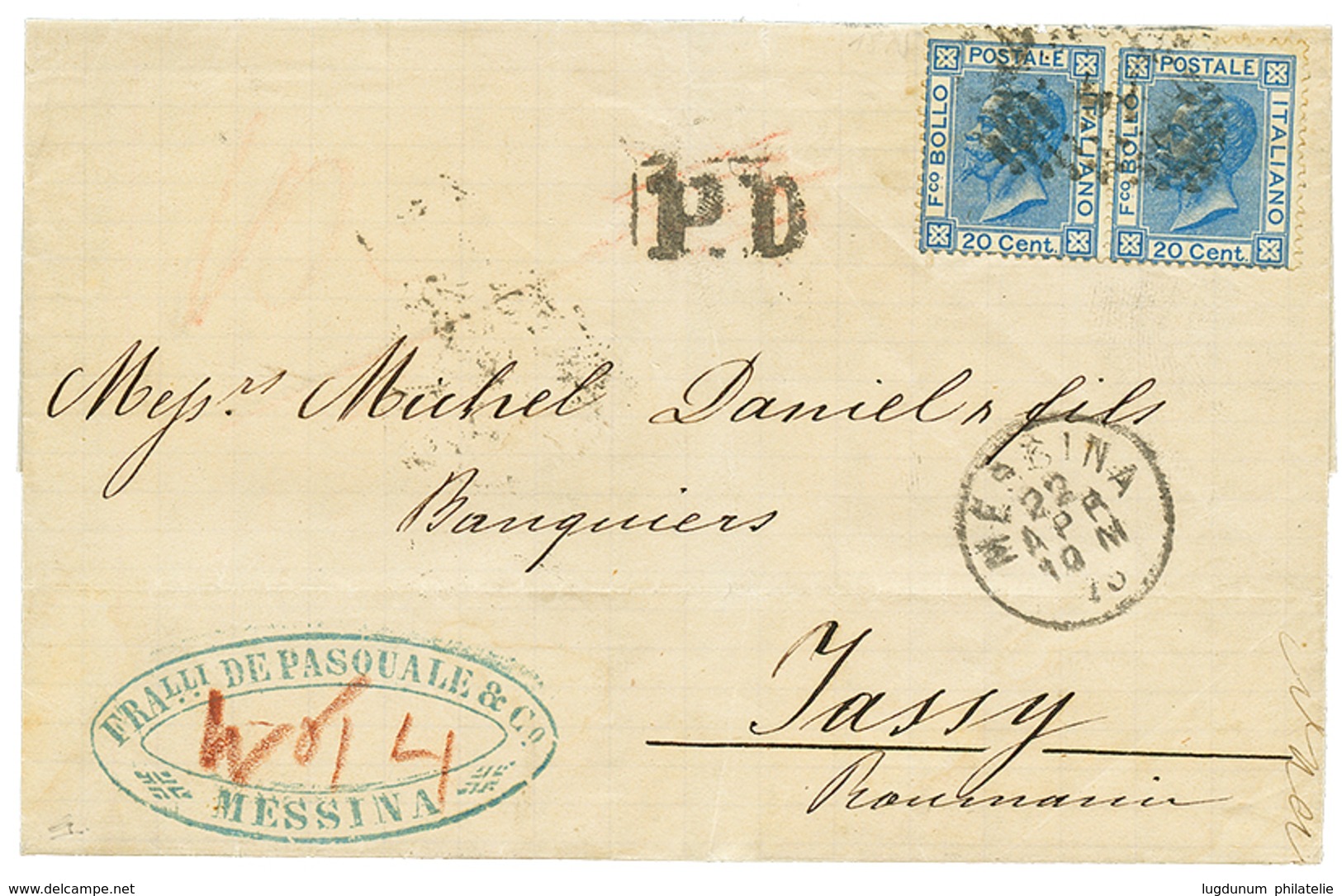 ROMANIA - Incoming Mail : 1875 ITALY 20c(x2) On Entire Letter (superb Printed Illustration) From MERSINA To JASSY. Verso - Sonstige & Ohne Zuordnung