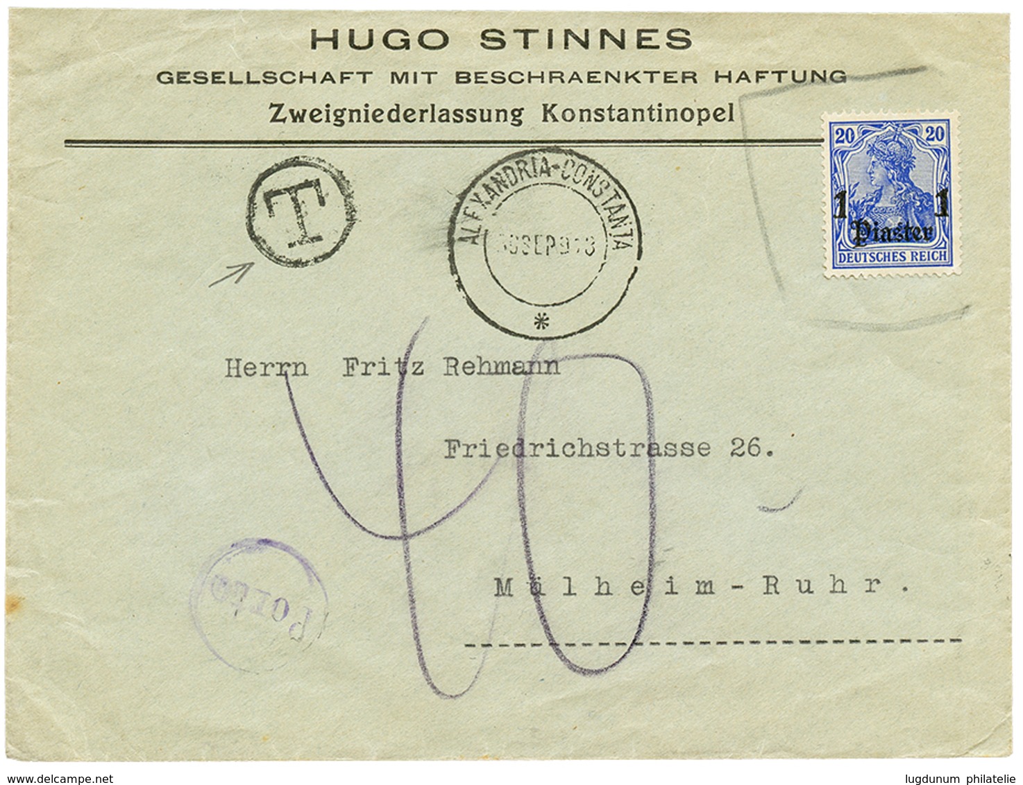 ROMANIA - SHIP Mail : 1913 GERMAN LEVANT 1P Uncancelled + "40" Tax Marking + T.P.O Cachet ALEXANDRIA-CONSTANTA On Envelo - Sonstige & Ohne Zuordnung