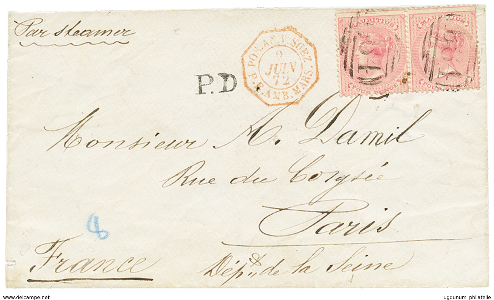 "MAURITIUS Used In SEYCHELLES" : 1872 MAURITIUS Pair 4c Canc. B64 + SEYCHELLES (verso) On Envelope To FRANCE. BPA Certif - Seychellen (...-1976)