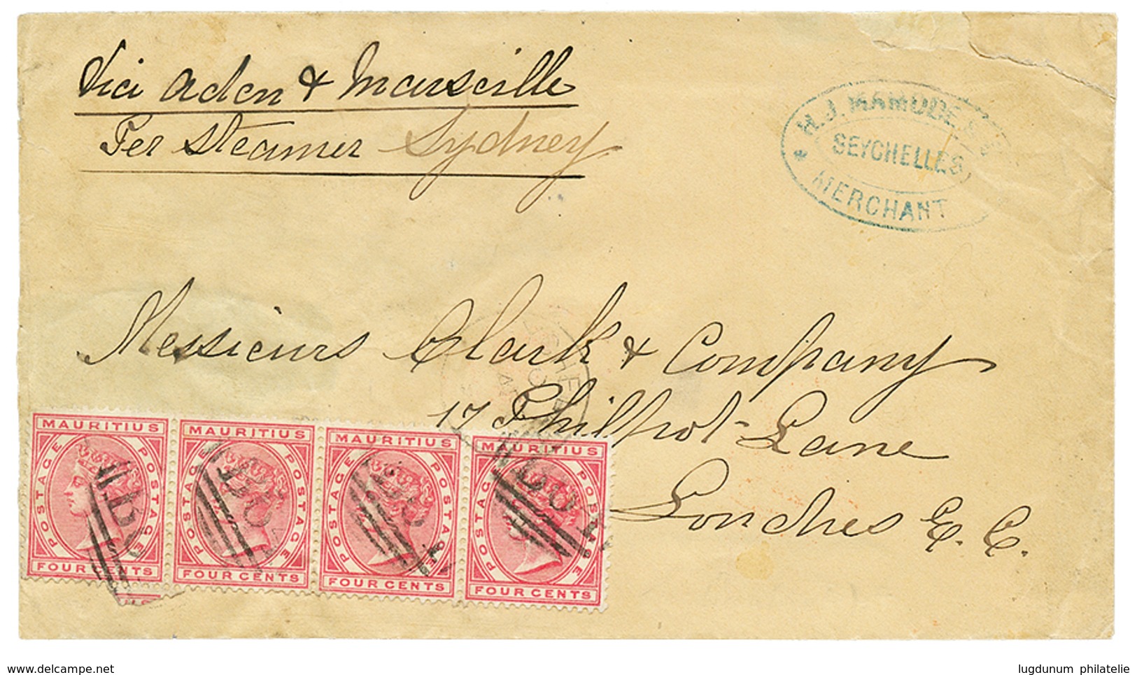 "MAURITIUS Used In SEYCHELLES" : 1890 MAURITIUS 4c Strip Of 4 Canc. B64 + SEYCHELLES On Envelope (fault) To ENGLAND. RAR - Seychellen (...-1976)