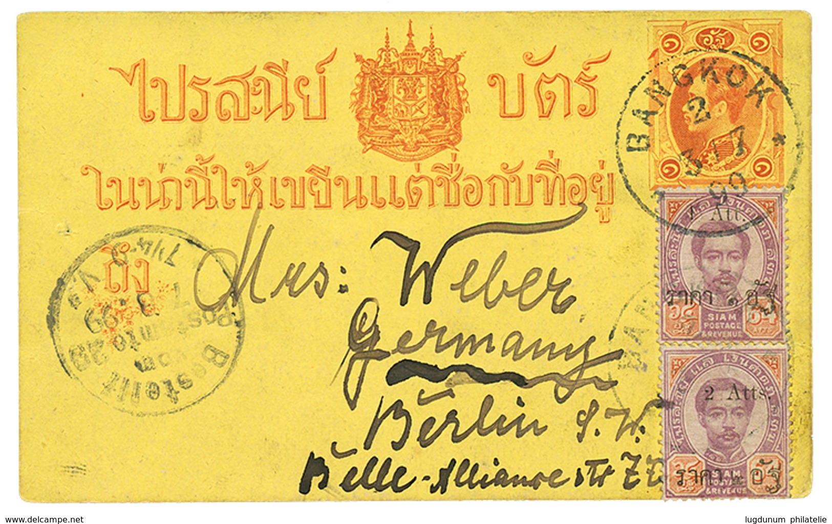 SIAM : 1899 P./Stat + 2a On 64a(x2) Canc. BANGKOK To GERMANY. Vvf. - Siam