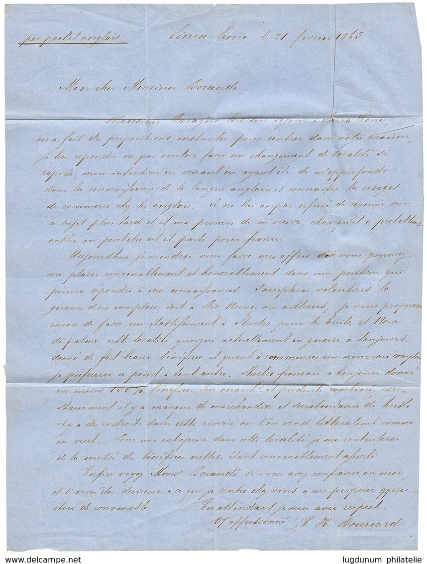 "SIERRA-LEONE Via GOREE" : 1863 Large Blue Cachet GOREE 23 Mars 63 + 4 Tax Marking On Entire Letter Datelined SIERRA-LEO - Sierra Leone (...-1960)