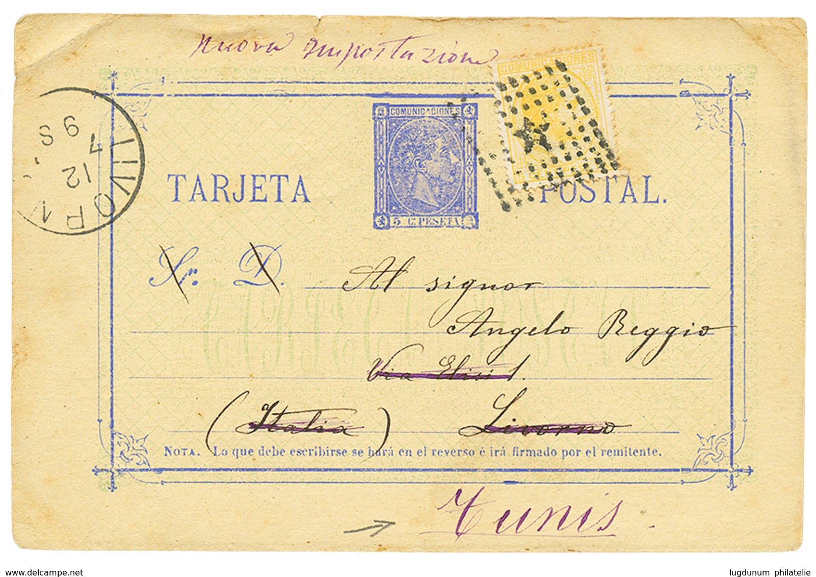 SPAIN To ITALIAN POST OFFICE At TUNIS : 1878 SPAIN P./Stat 5c + 5c From BARCELONA To ITALY Redirected To TUNISIA. Verso, - Sonstige & Ohne Zuordnung