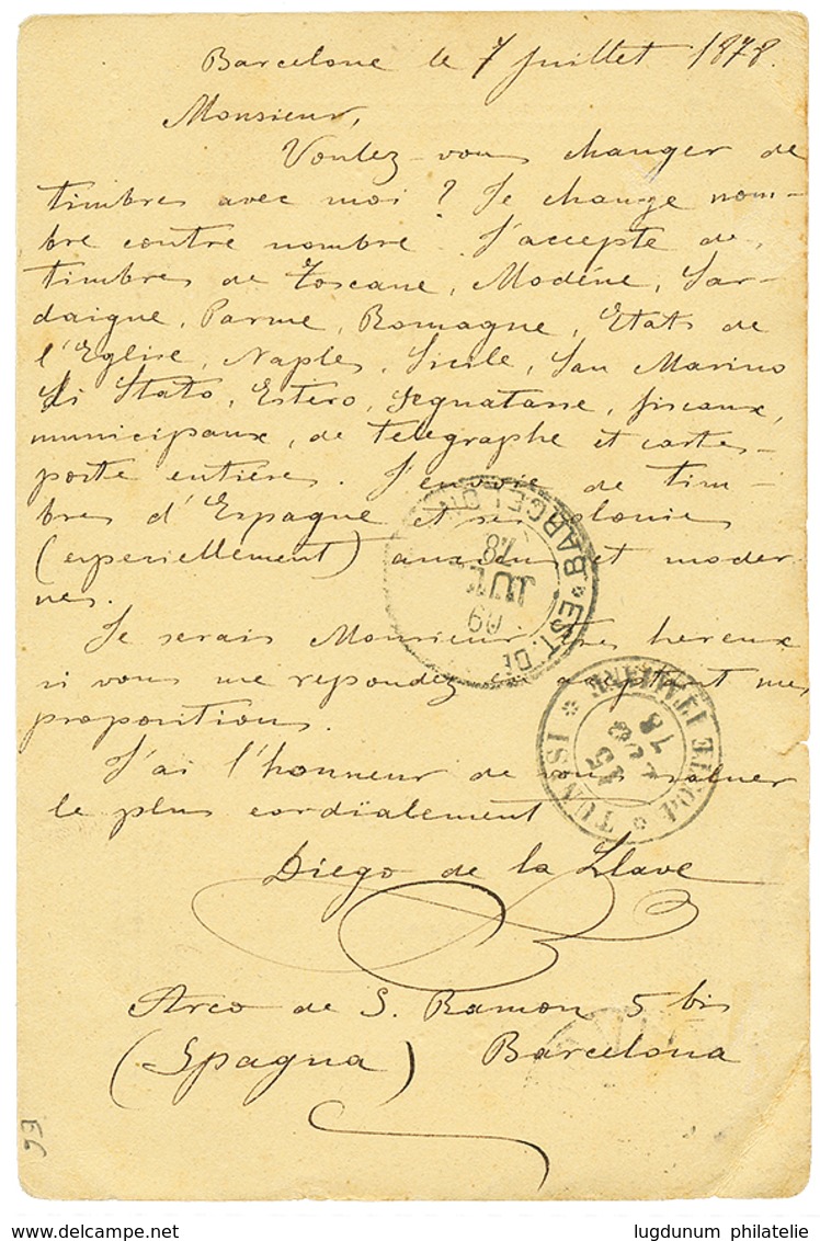 SPAIN To ITALIAN POST OFFICE At TUNIS : 1878 SPAIN P./Stat 5c + 5c From BARCELONA To ITALY Redirected To TUNISIA. Verso, - Sonstige & Ohne Zuordnung