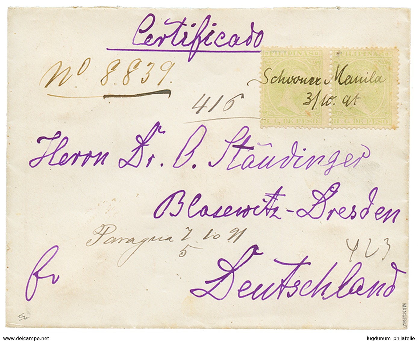 PHILIPPINES : 1891 8c(x2) Pen Cancel. "SCHOONER MANILA/ 3.10.91 + CERTIFICADO On REGISTERED Envelope To GERMANY. Signed  - Philippinen