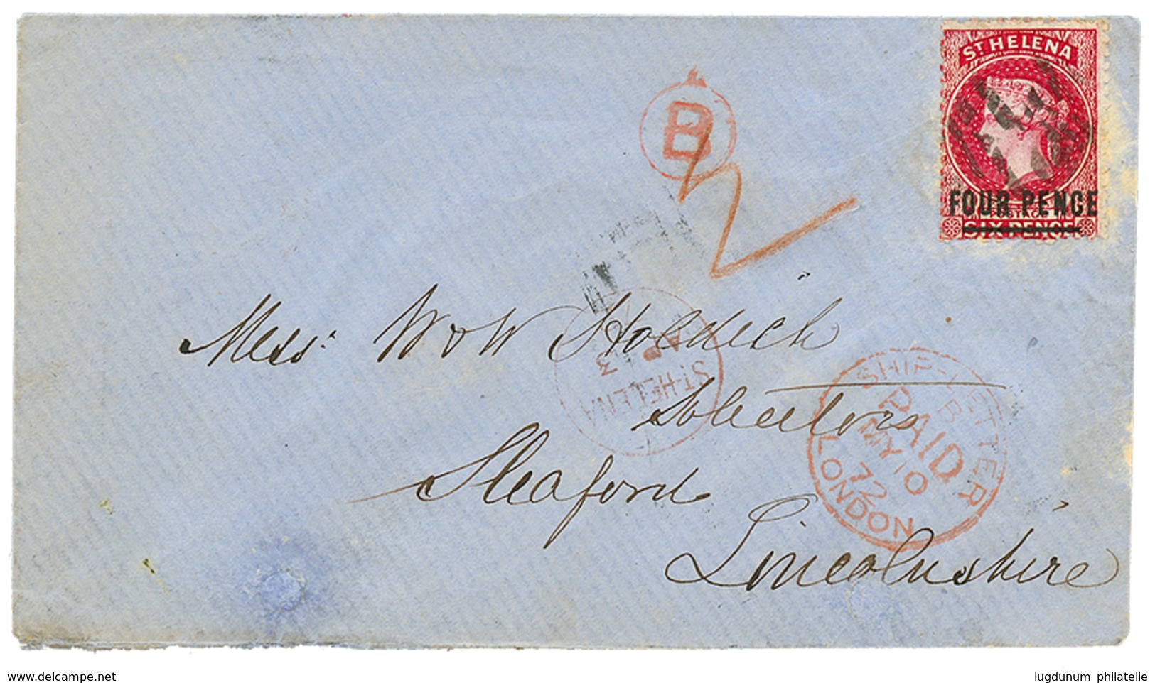 ST HELENA : 1872 4d On 6d + ST HELENA In Red On Envelope (toning) To ENGLAND. RARE. Vf. - Saint Helena Island