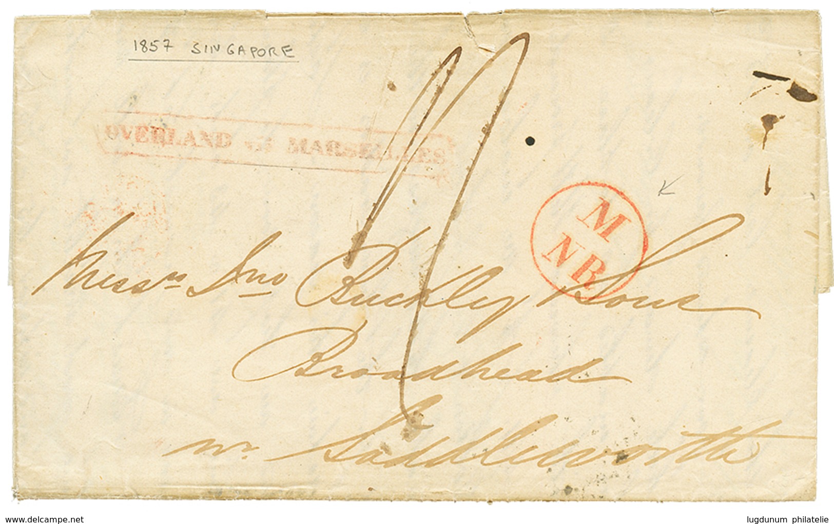 STRAITS SETTLEMENTS : 1857 Boxed OVERLAND Via MARSEILLES + Red Cachet M/NR On Entire Letter From SINGAPORE To GREAT BRIT - Straits Settlements