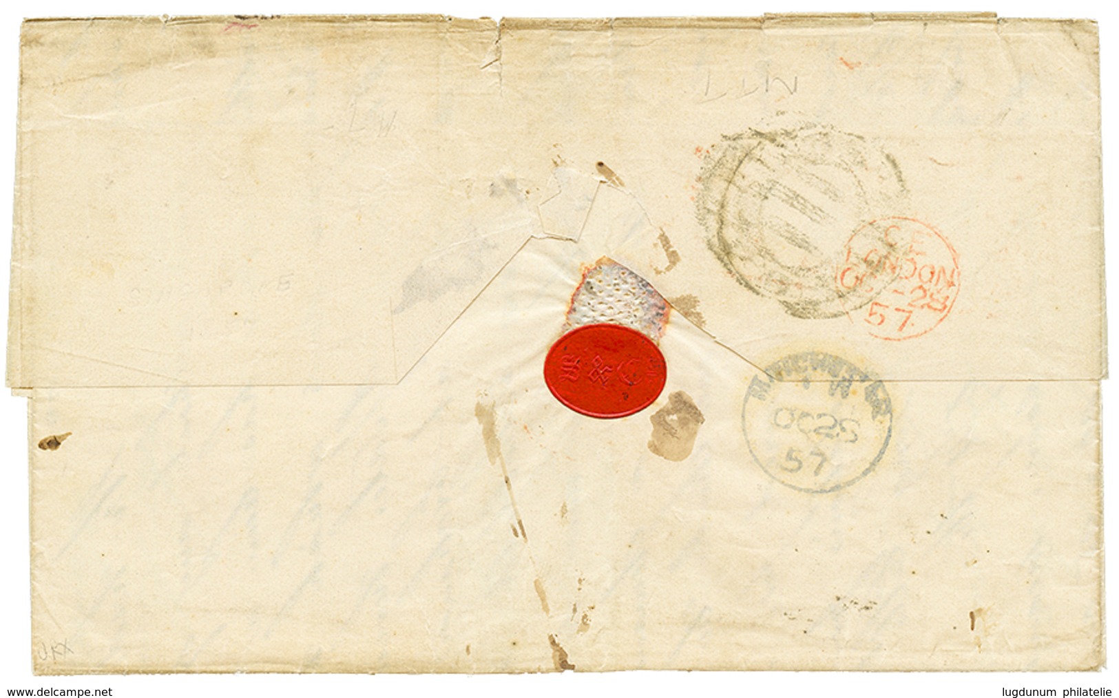 STRAITS SETTLEMENTS : 1857 Boxed OVERLAND Via MARSEILLES + Red Cachet M/NR On Entire Letter From SINGAPORE To GREAT BRIT - Straits Settlements