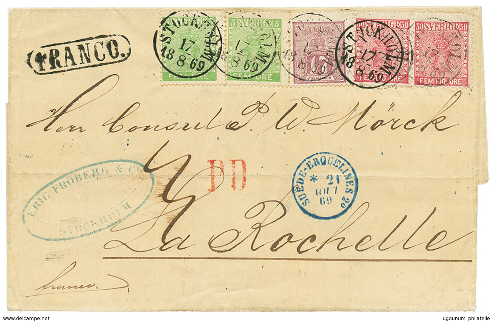 SWEDEN : 1869 5 Ore(x2) + 17 Ore + 50 Ore(x2) Canc. STOCKHOLM On Entire Letter To FRANCE. O. WILEN Certificate(1992). Ve - Sonstige & Ohne Zuordnung