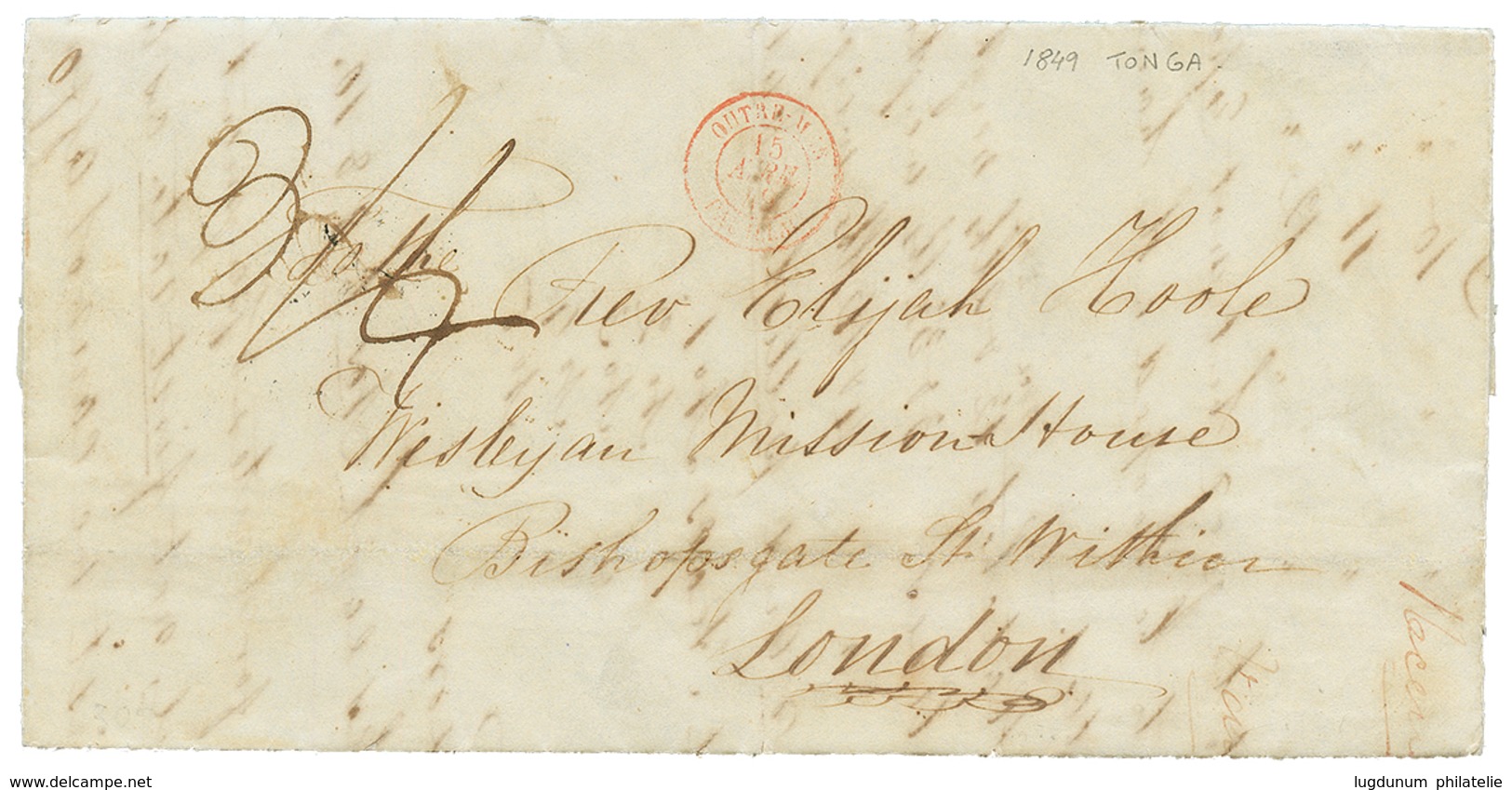 TONGA - PRECURSOR : 1849 OUTRE-MER PAUILLAC In Red + "3/4" Tax Marking On Entire Letter Datelined "FRIENDLY ISLANDS, NIA - Tonga (...-1970)