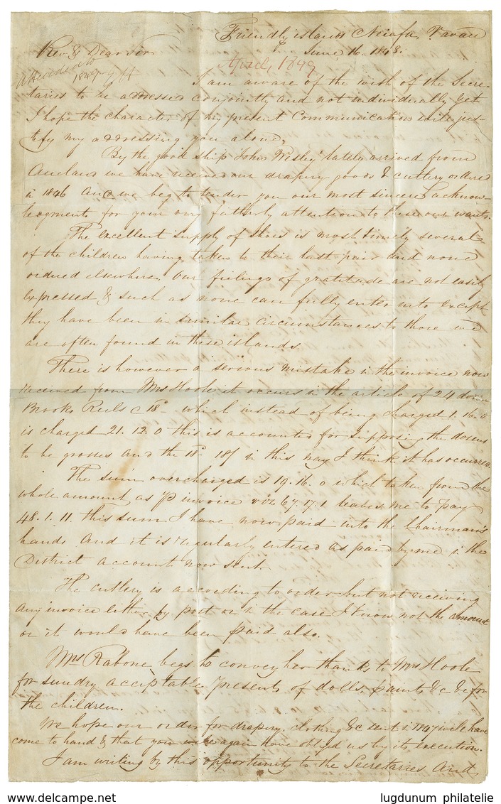 TONGA - PRECURSOR : 1849 OUTRE-MER PAUILLAC In Red + "3/4" Tax Marking On Entire Letter Datelined "FRIENDLY ISLANDS, NIA - Tonga (...-1970)