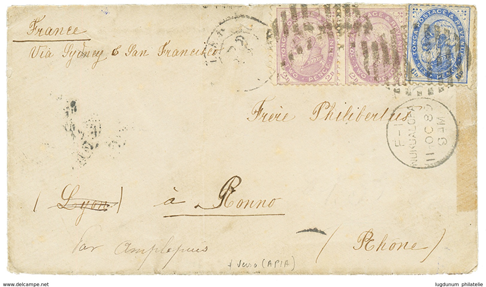 TONGA - FIRST ISSUE : 1889 2d Violet(x2) + 6d Blue + NUIKUALOFA On Envelope To FRANCE. Missionary Mail. Verso, APIA DEUT - Tonga (...-1970)