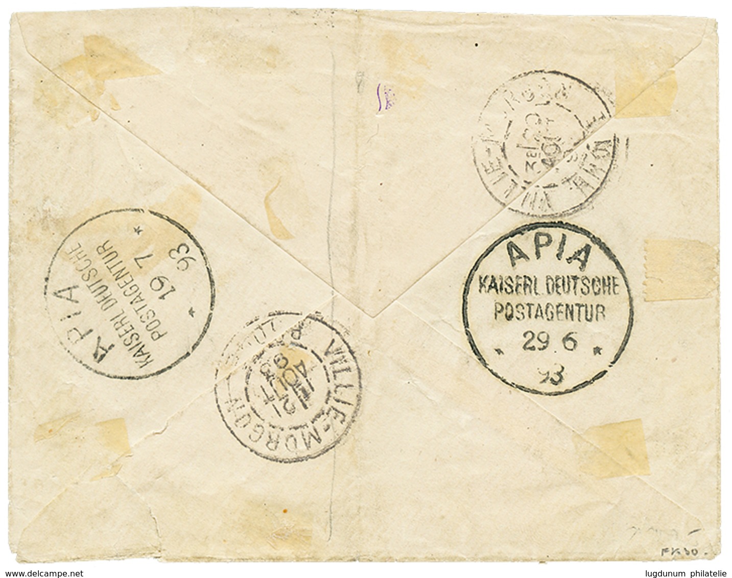 TONGA : 1893 Bisect 1d + 2d Canc. On Envelope (name Erased) To FRANCE. Verso, 2 Strike Of The German Cachet Of APIA (29. - Tonga (...-1970)