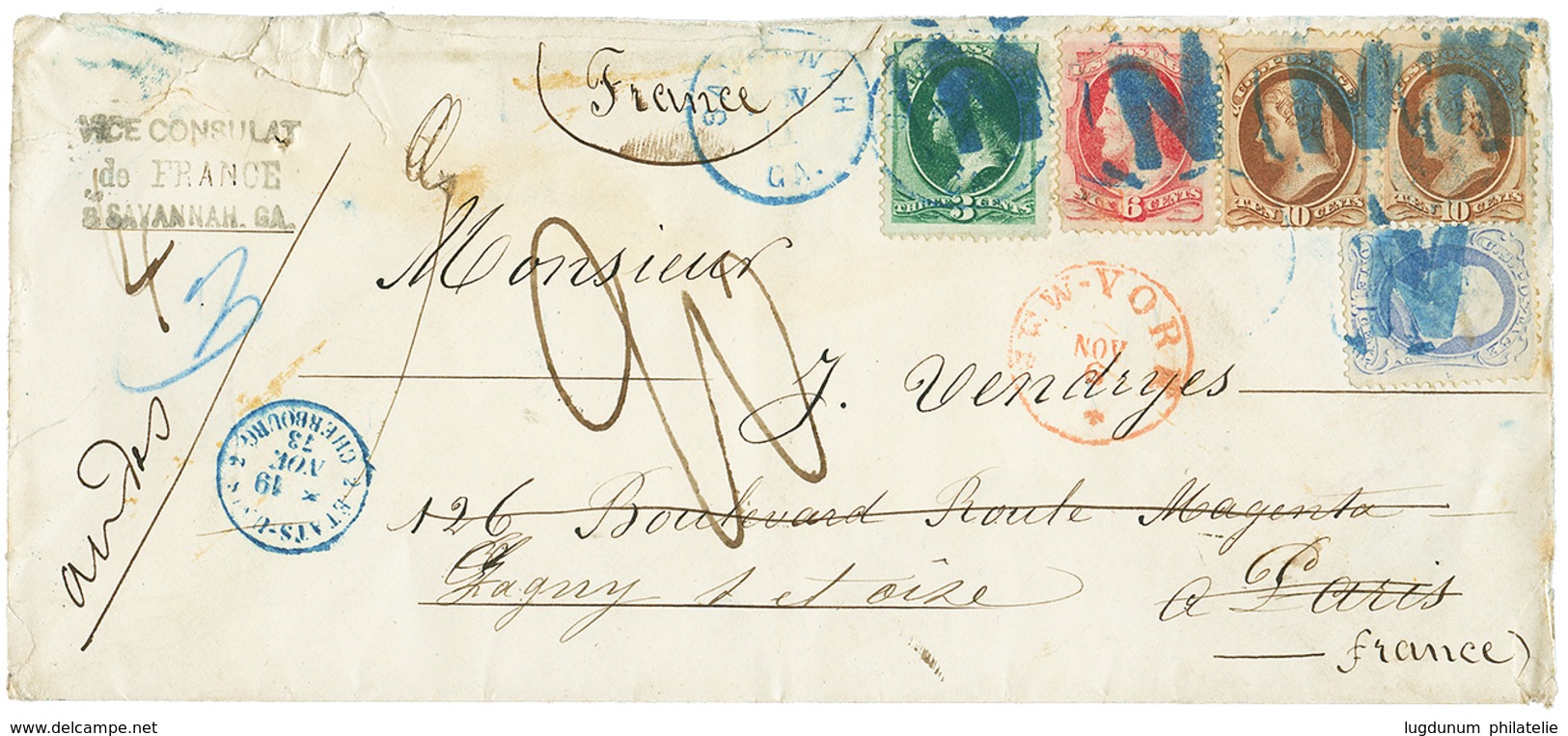 USA : 1873 1c+ 3c+ 6c+ 10c(x2) Canc. N In Blue + ETATS-UNIS 2 CHERBOURG Blue + "20" Tax Marking On Envelope(faults) From - Sonstige & Ohne Zuordnung
