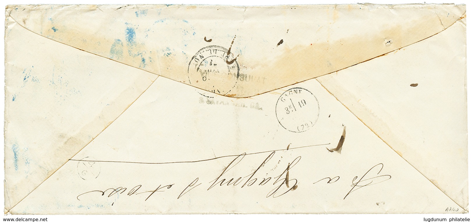 USA : 1873 1c+ 3c+ 6c+ 10c(x2) Canc. N In Blue + ETATS-UNIS 2 CHERBOURG Blue + "20" Tax Marking On Envelope(faults) From - Sonstige & Ohne Zuordnung