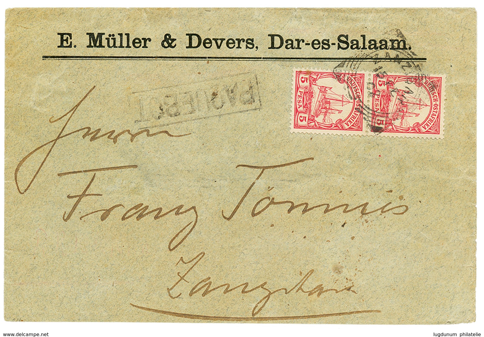 ZANZIBAR : GERMAN EAST AFRICA 5p(x2) Canc. British Cds ZANZIBAR + PAQUEBOT On Envelope From DAR-ES-SALAM To ZANZIBAR. RA - Zanzibar (...-1963)