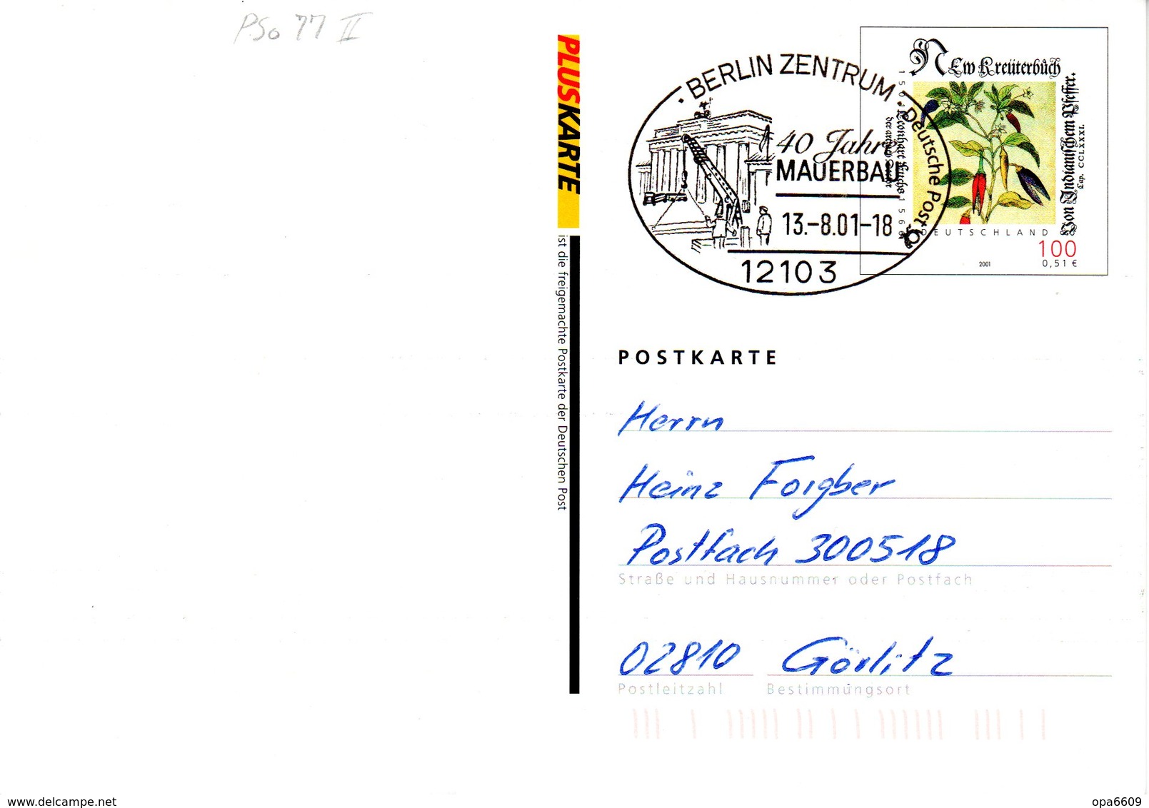 BRD Amtliche GZS-Sonderpostkarte PSo 77 II  WSt "Leonhart Fuchs" SSt 13.8.2001 BERLIN ZENTRUM - Postkarten - Gebraucht