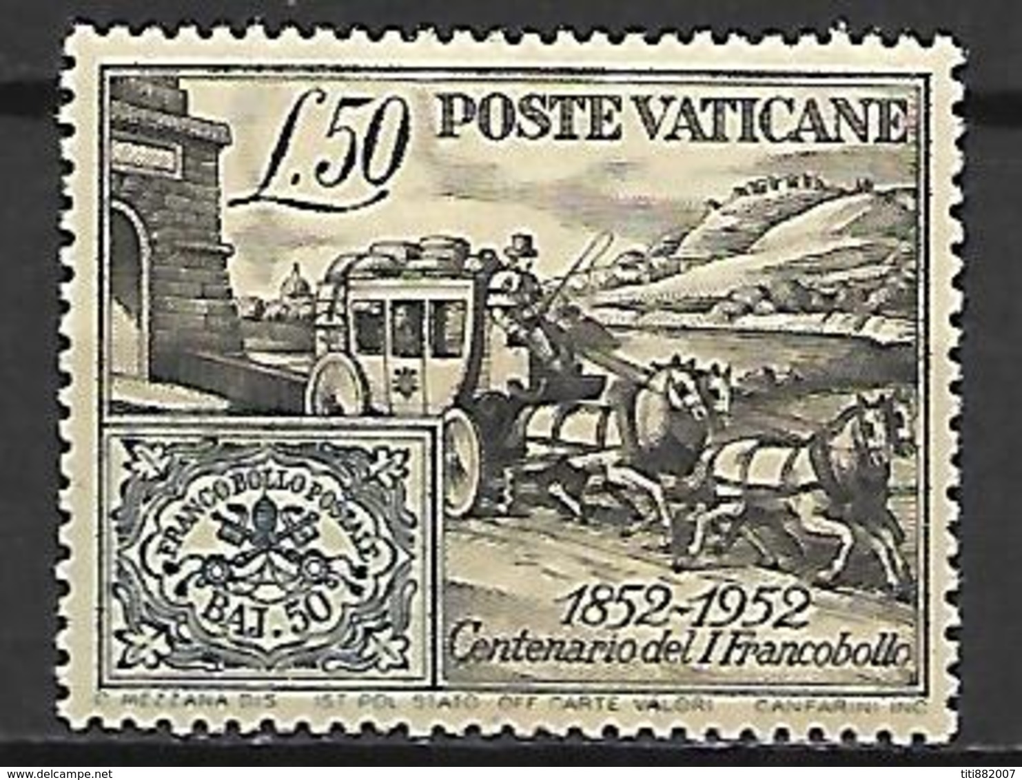 VATICAN     -   1952 .    Y&T N° 173 * .  Diligence Postale  /  Centenaire Du Timbre De L' Eglise. - Nuevos