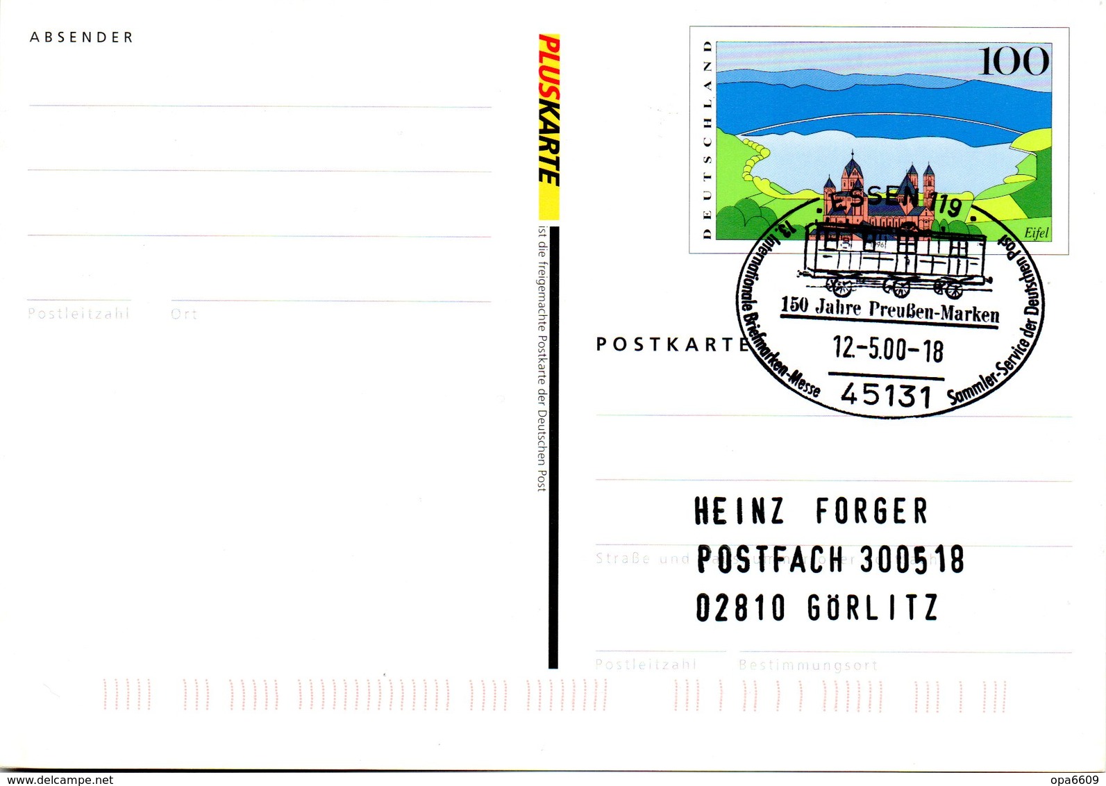 BRD Amtliche GZS-Sonderpostkarte PSo 60 I "PLUSKARTE " WSt "Eifel" SSt 12.5.2000 ESSEN 119 - Postkarten - Gebraucht