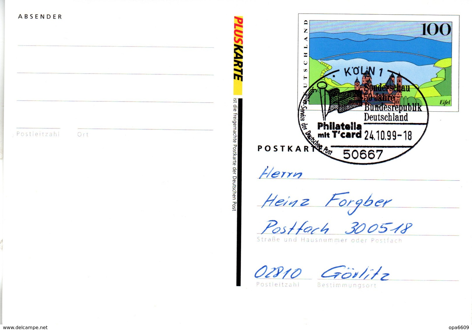 BRD Amtliche GZS-Sonderpostkarte PSo 60 I "PLUSKARTE " WSt "Eifel" SSt 24.10.1999 KÖLN 1 - Postkarten - Gebraucht