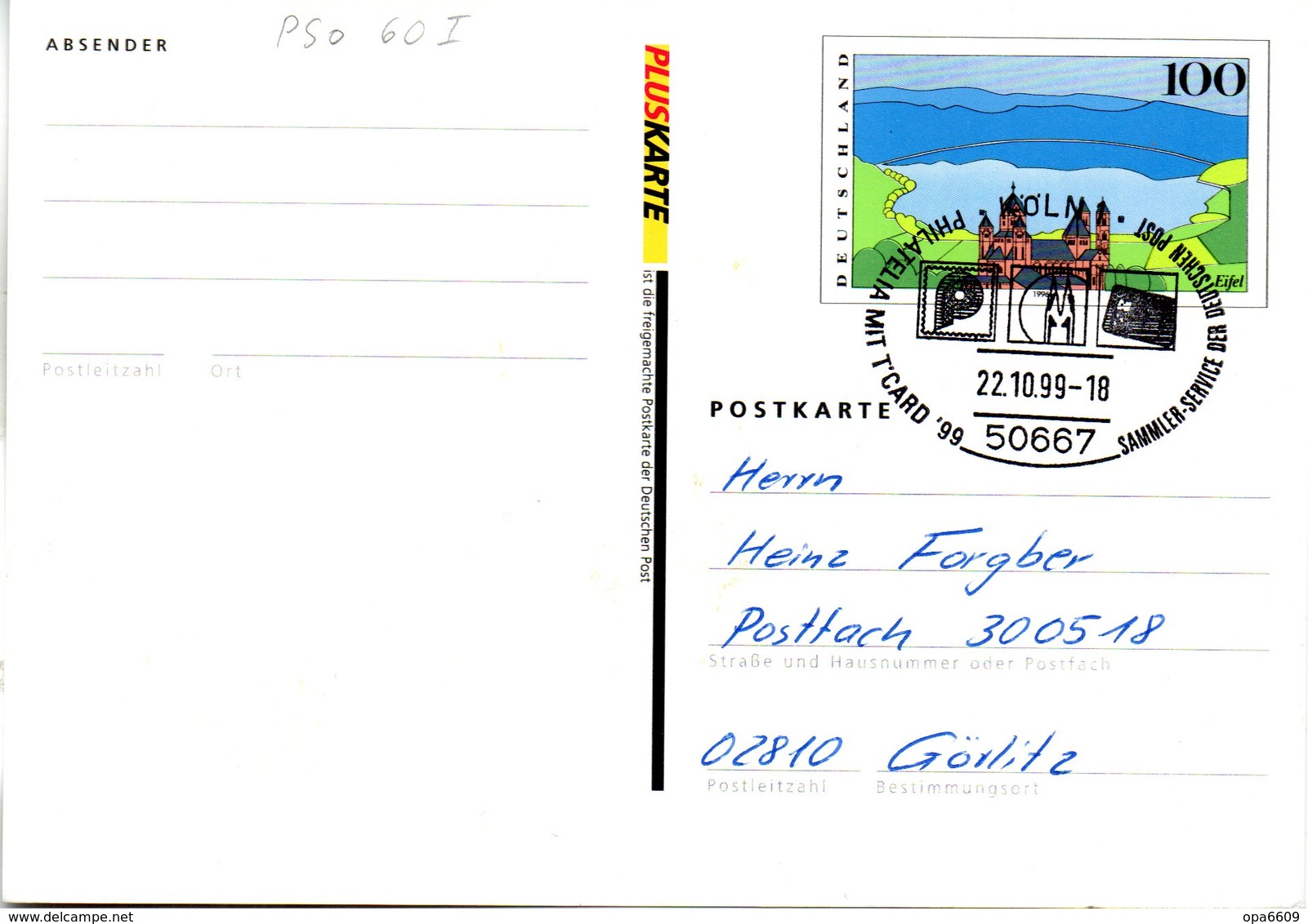 BRD Amtliche GZS-Sonderpostkarte PSo 60 I "PLUSKARTE " WSt "Eifel" SSt 22.10.1999 KÖLN 1 - Postkarten - Gebraucht