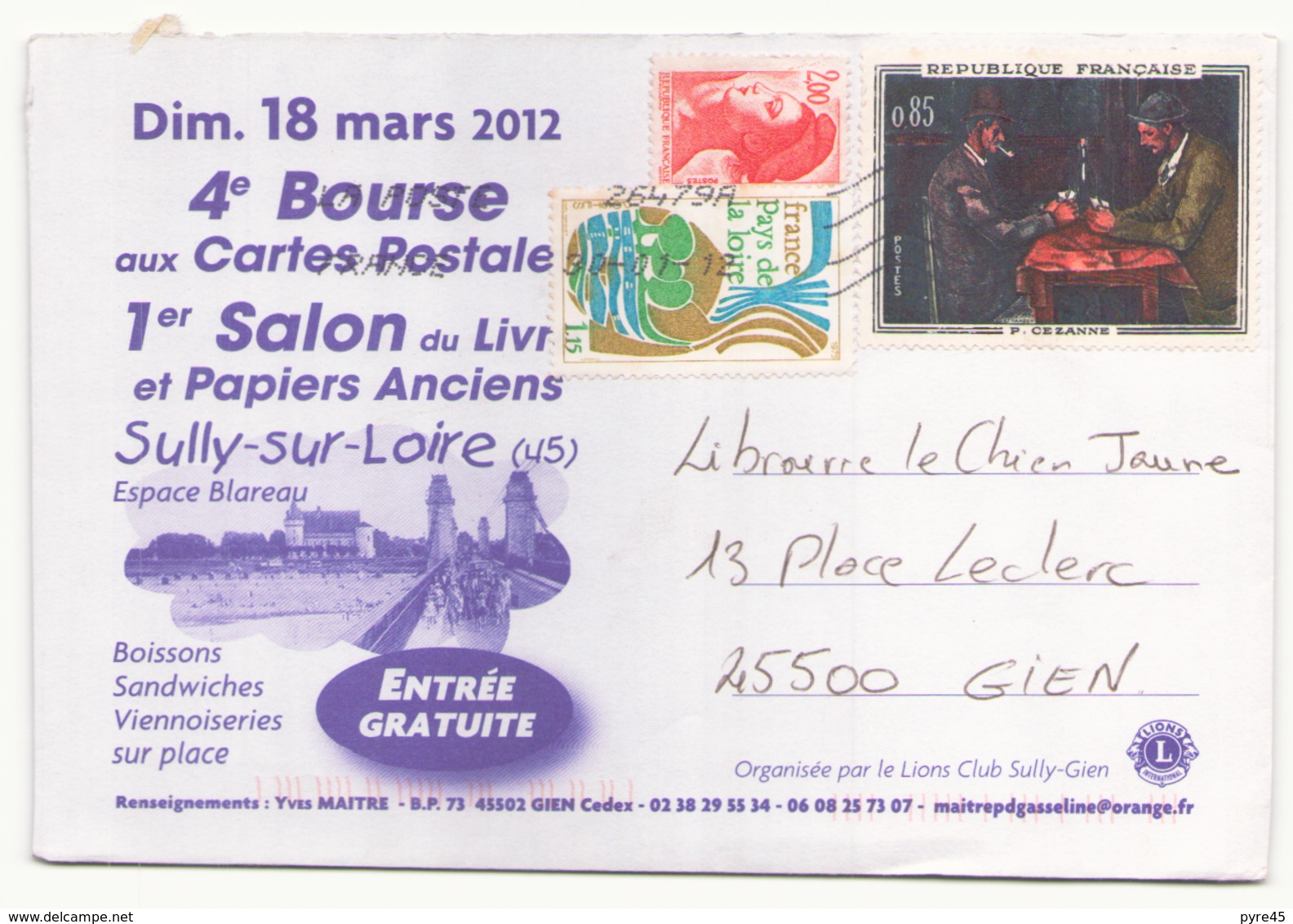 France Enveloppe Du 30 Janvier 2012 De Saint-Germain Pour Gien - Covers & Documents