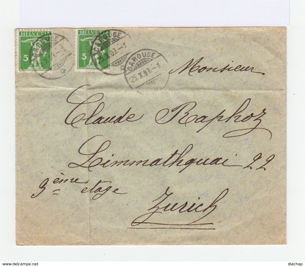 Enveloppe De Suisse. Deux Timbres Walter Teil 5 C. Vert CAD Carouge 1903. Cachet Zurich. (818) - Marcophilie