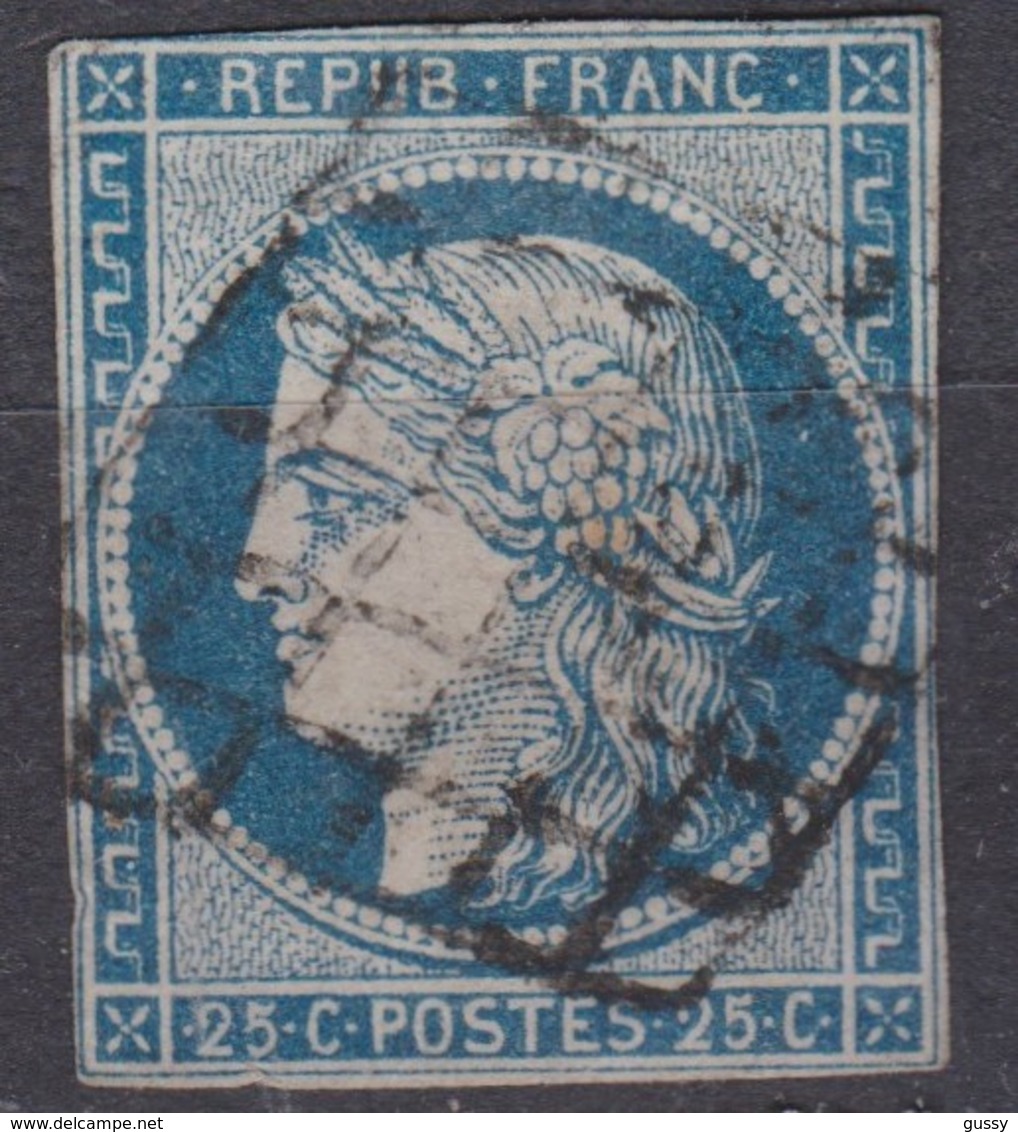 FRANCE 1849:  Cérès, Le 25c.bleu (Y&T 4), 4 Marges, Oblitéré Grille - 1849-1850 Ceres