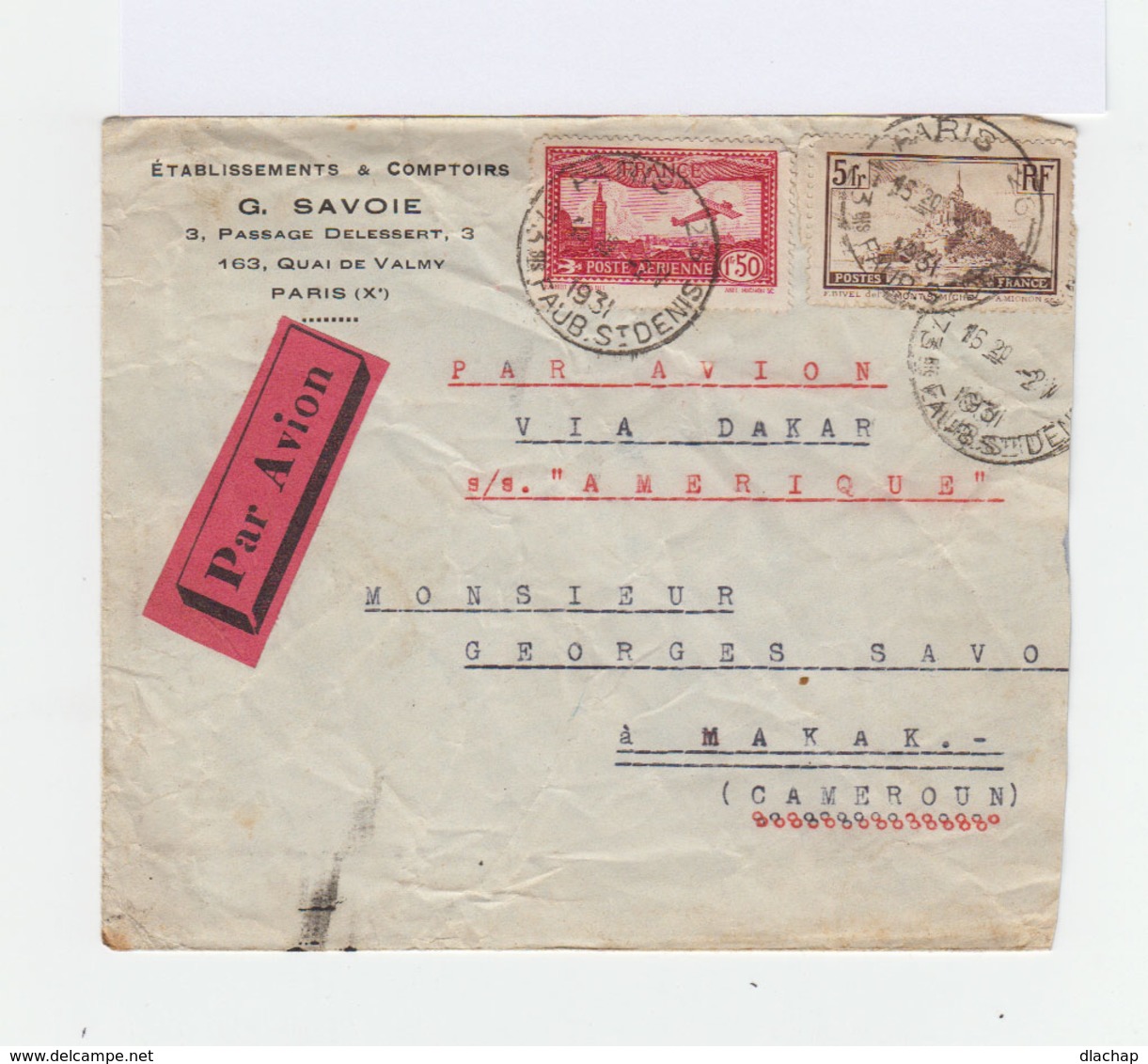 Enveloppe Par Avion Vers  Cameroun Timbre Poste Aérienne 1F50 Carmin Et  5 F Brun. CAD Faubourg Saint Denis 1931.(823) - 1960-.... Lettres & Documents