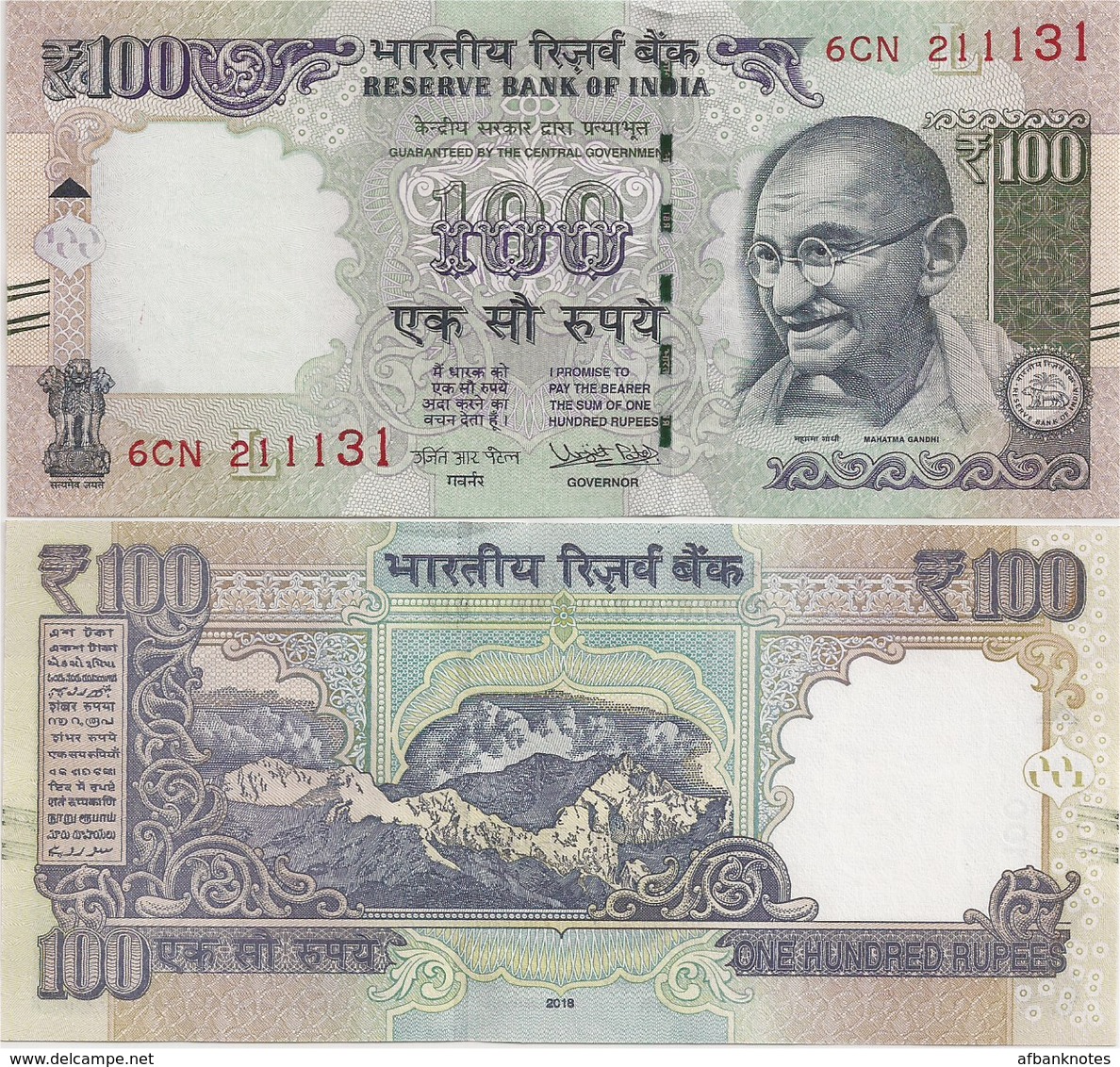 INDIA      100 Rupees      P-105      2018       UNC  [ Diagonal Bars - New Serial Number - Sign. Patel - Letter L ] - India