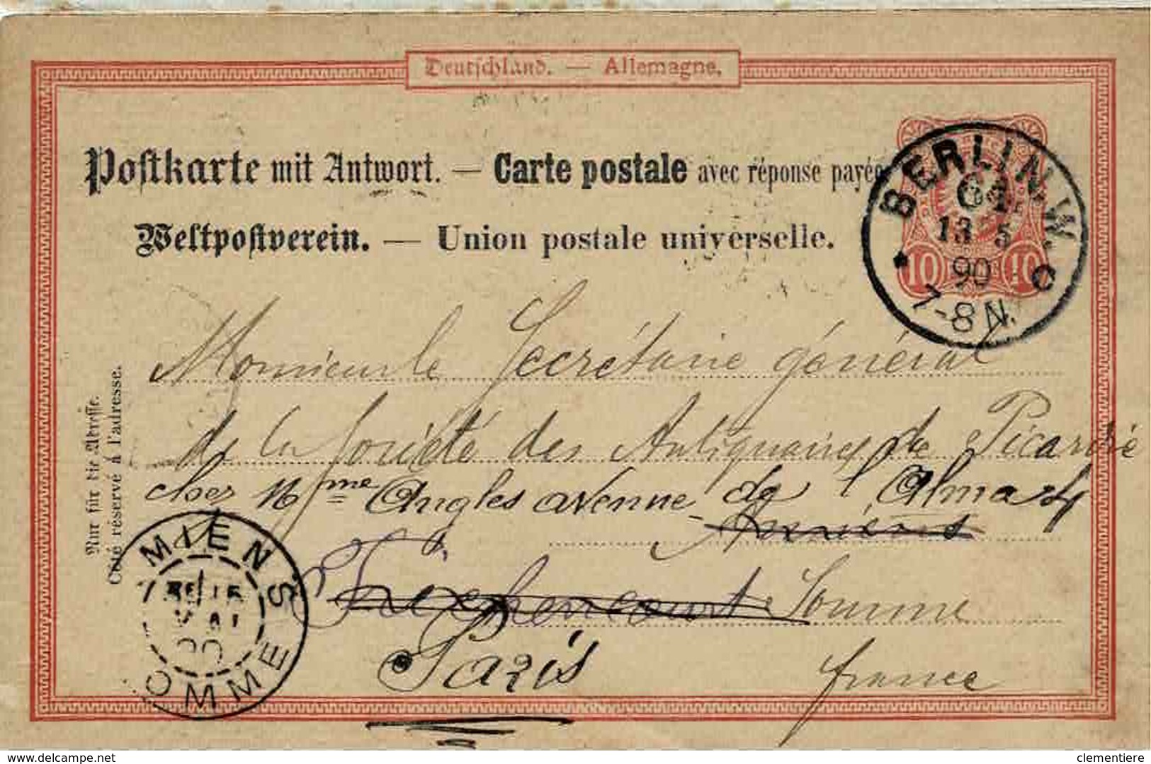 Entier 10 Pf  (Y&T) Sur Carte Postale Avec Réponse Non Jointe De Berlin Pour Amiens - Otros & Sin Clasificación