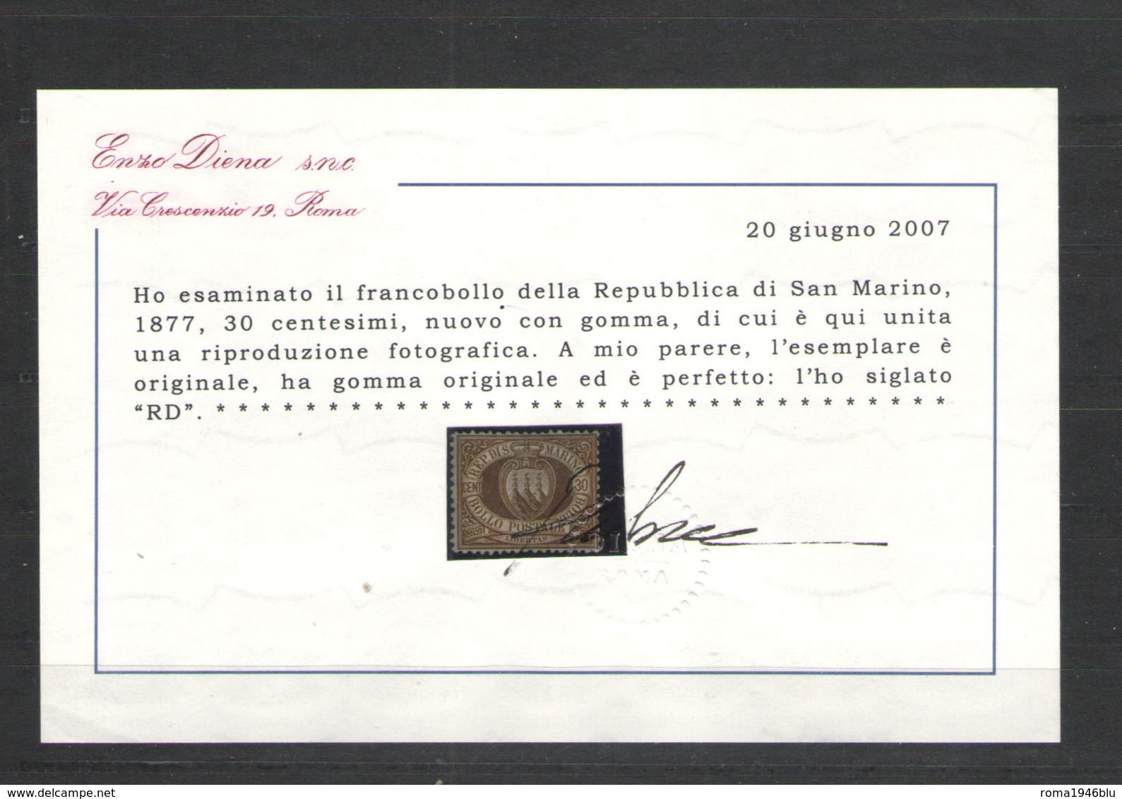 SAN MARINO 1877 STEMMA 30 C.BRUNO CENTRATO * GOMMA ORIGINALE  CERT. DIENA - Unused Stamps