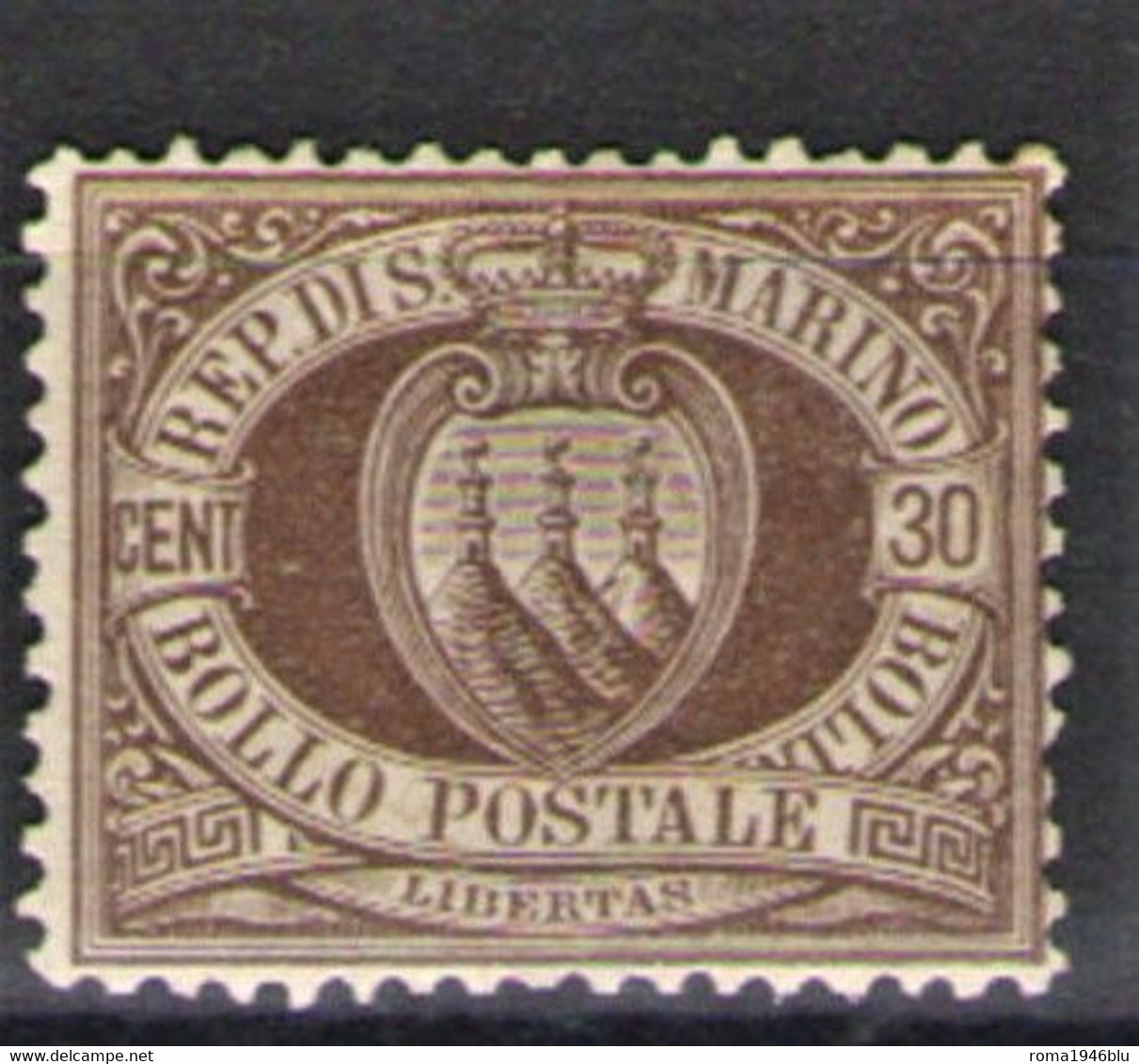 SAN MARINO 1877 STEMMA 30 C.BRUNO CENTRATO * GOMMA ORIGINALE  CERT. DIENA - Nuevos