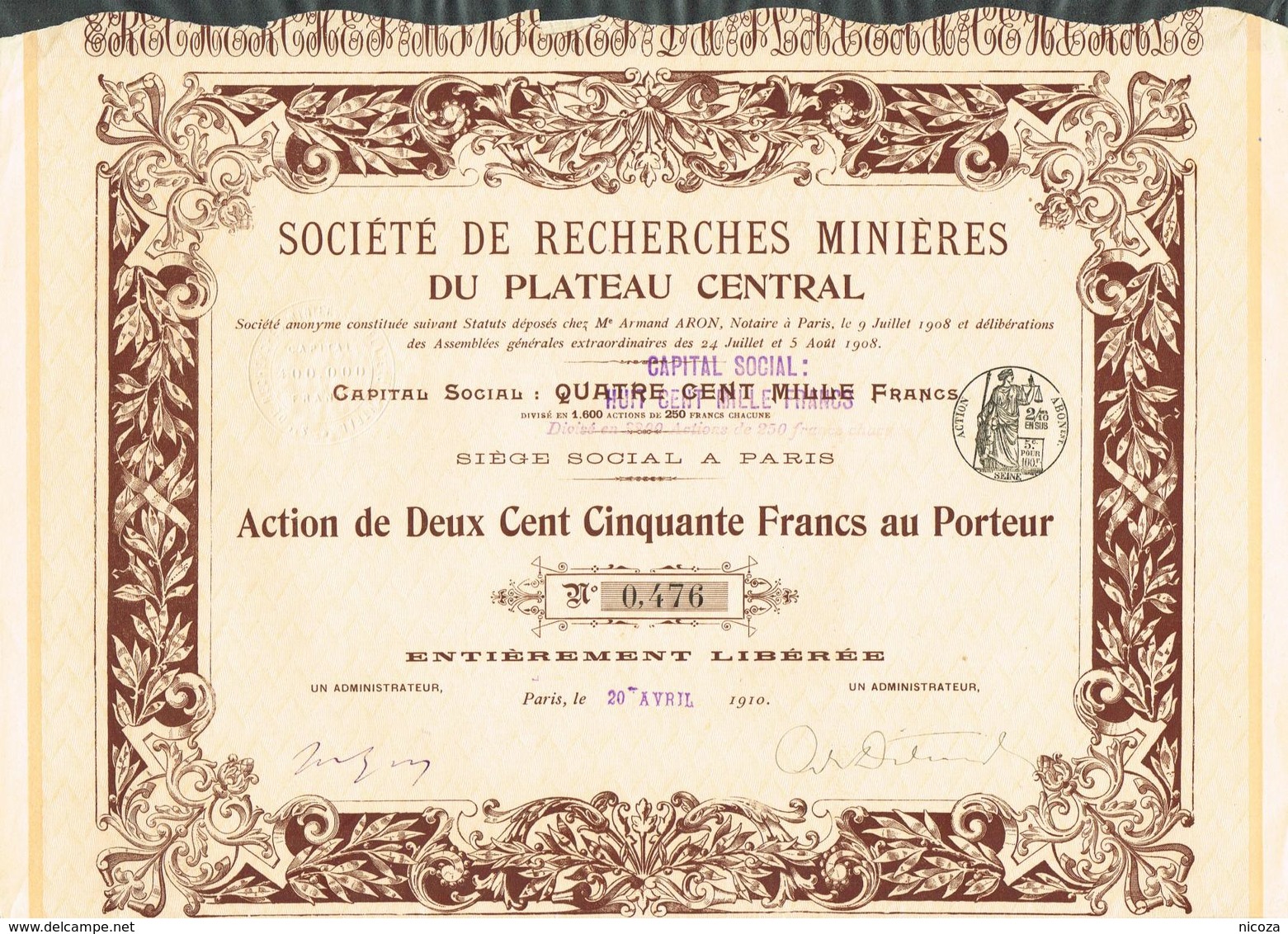 FR. 1910 Société De Recherches Miniéres Du Plateau Central. - Autres & Non Classés
