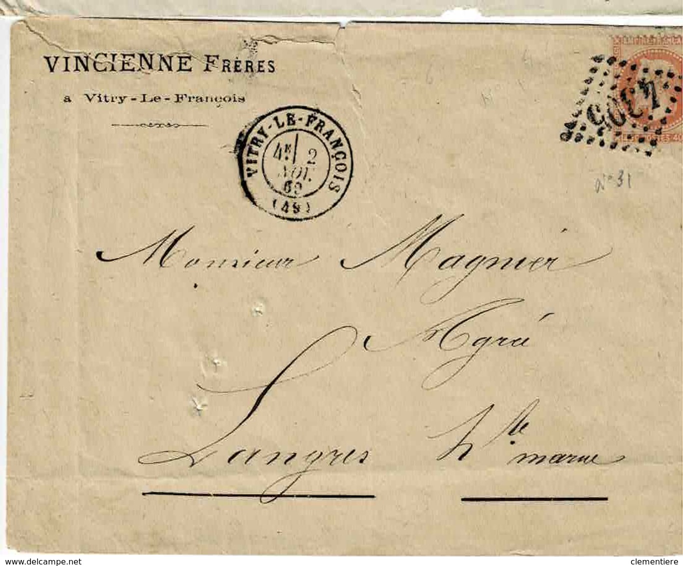 TP N° 31 Seul Sur Lettre De Vitry Le François, Oblitération GC 4308 Pour Langres - 1862 Napoleon III