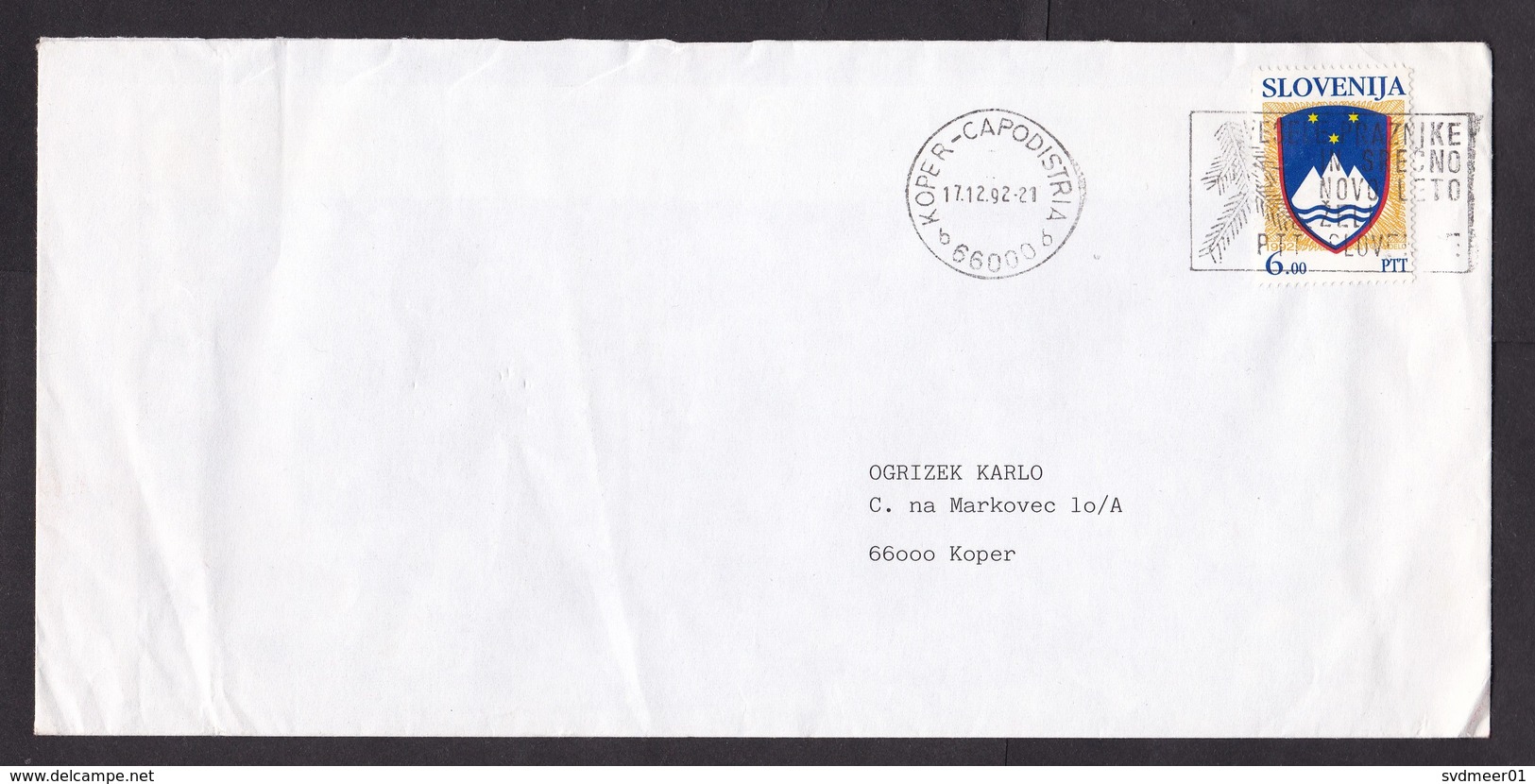 Slovenia: Cover, 1992, 1 Stamp, Heraldry, Independence, Cancel Koper-Capodistria (minor Damage, See Scan) - Slovenië