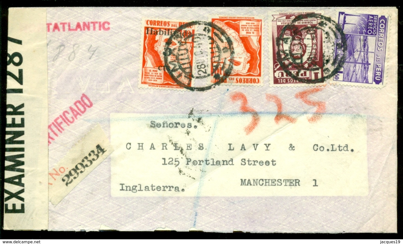Peru 1940 Registered Airmail Cover Nortatlantic From Lima Via New York To Manchester Opened By Censor - Pérou