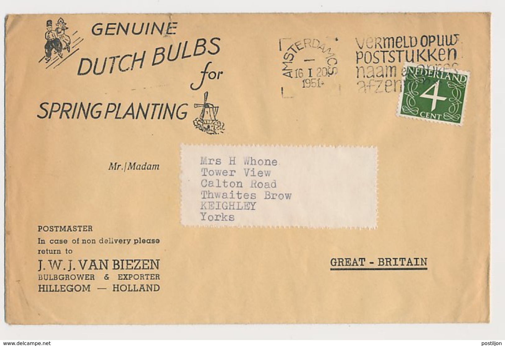 Firma Envelop Hillegom 1951 - Dutch Bulbs - Bloembollen - Non Classés