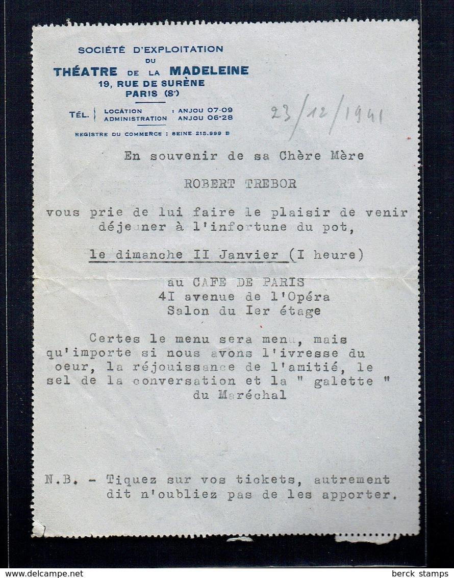 FRANCE - Lettre Du THEATRE De La MADELEINE Du 23/12/1941 Avec 1f Maréchal PETAIN - Ohne Zuordnung