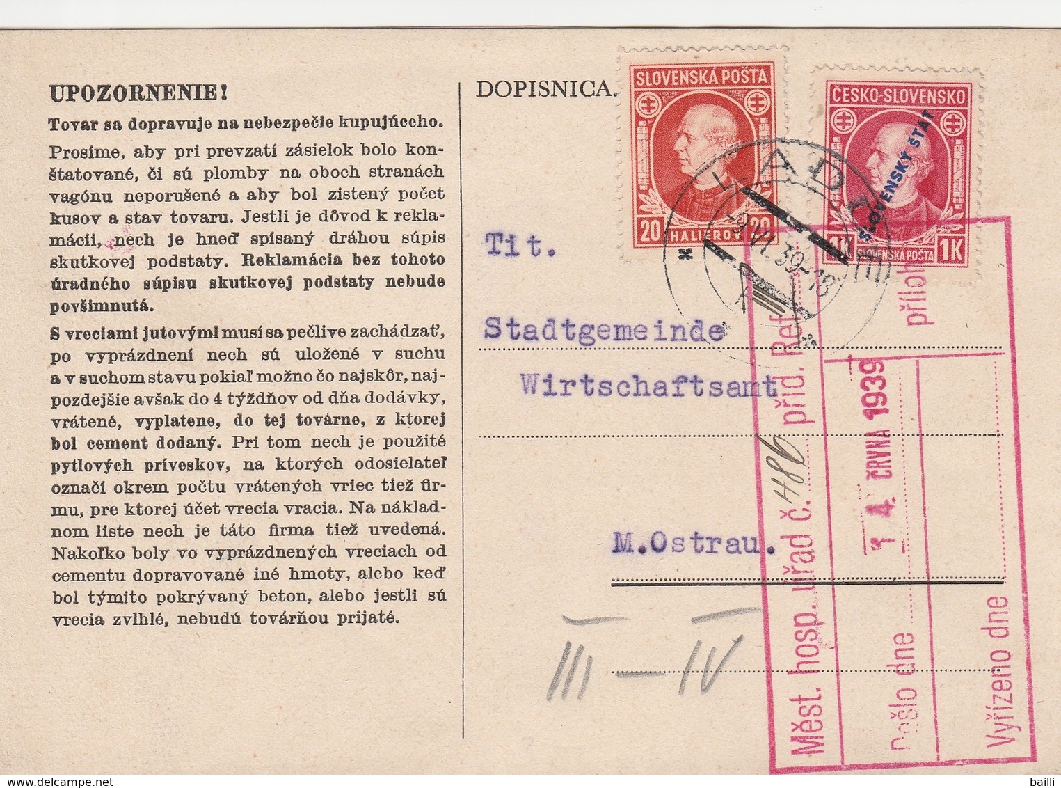 Slovaquie Carte Ladce 1939 - Covers & Documents