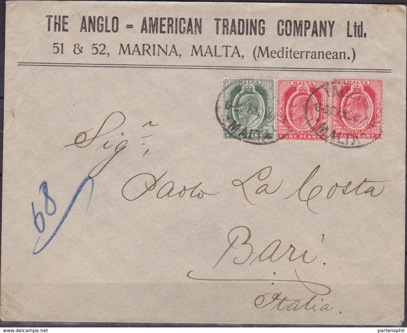 Malta 1905 - Cover To Bari Franked Half P. + 1 P. X 2 - Malte