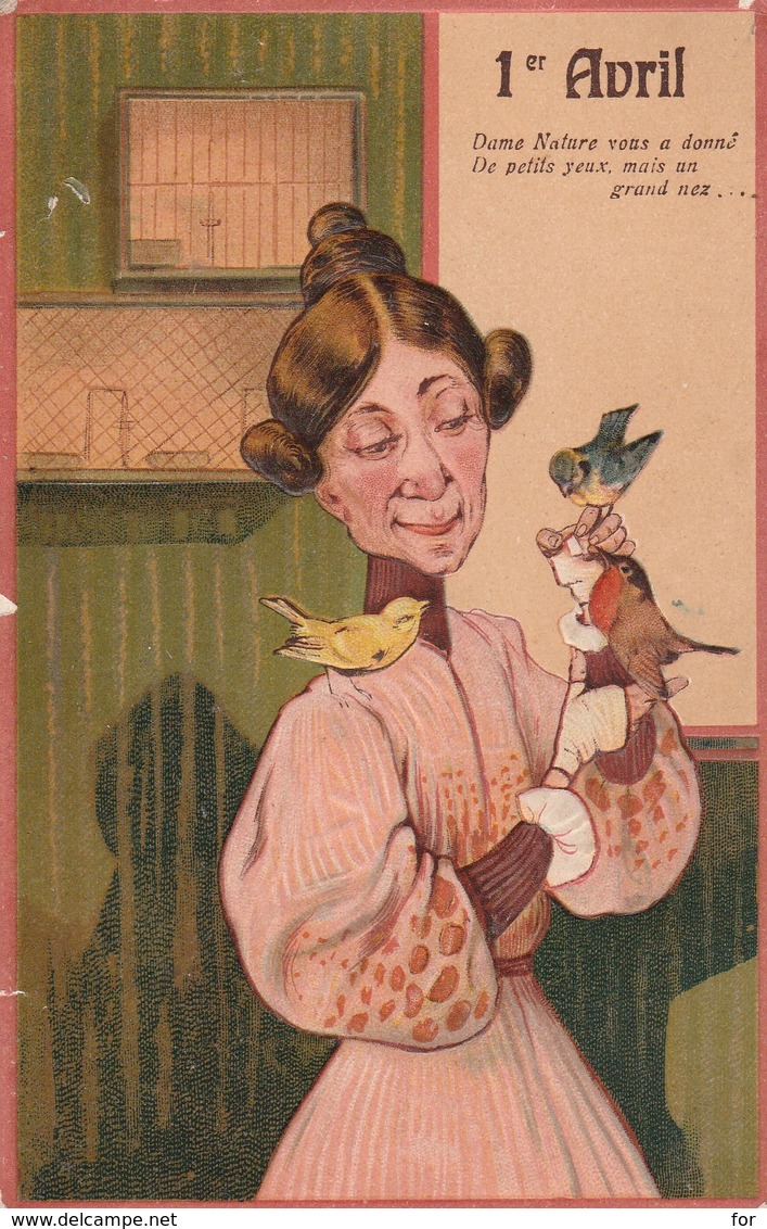 Fétes : Femme Et Son Chien : Carte Illust. Gaufrée : 1ér Avril - 1er Avril - Poisson D'avril