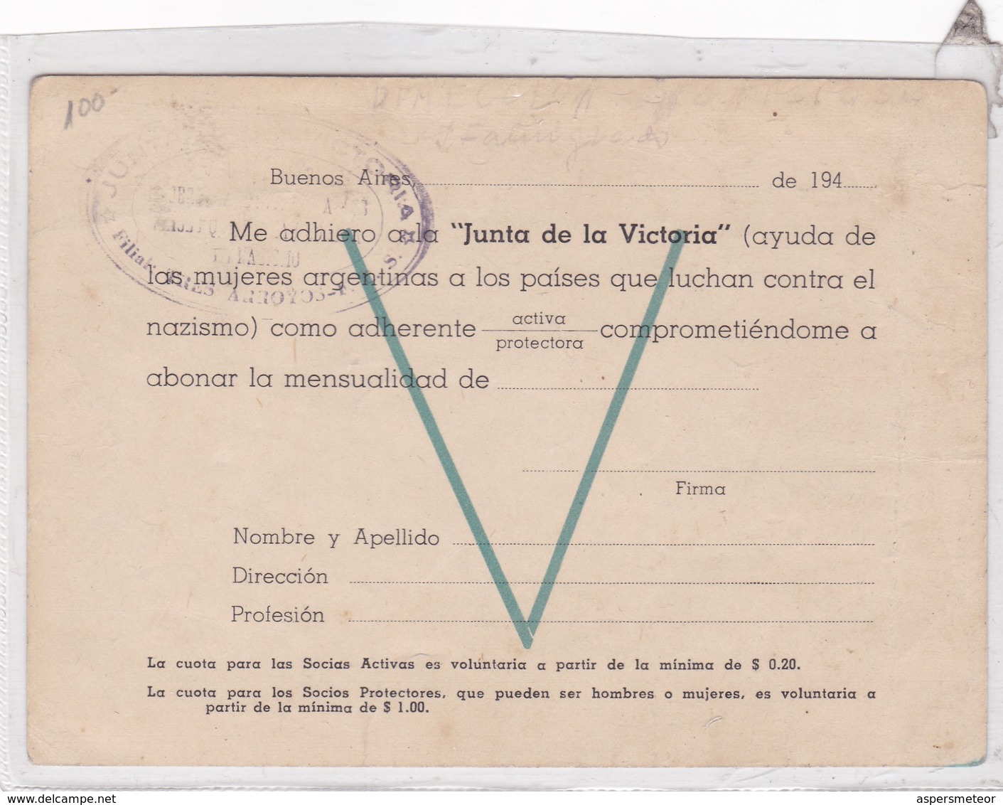 JUNTA DE LA VICTURIA, LUCHA CONTRA EL NAZISMO MUERES ARGENTINAS NOTA ADHERENTE AÑO YEAR 1943-BLEUP - Historical Documents