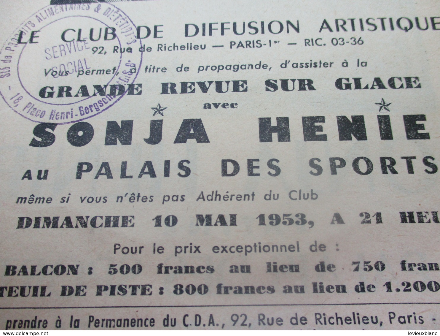 Prospectus Publicitaire/ Patinage / SONJA HEINIE/ Palais Des Sports/Revue Sur Glace/ 1953    SPO338 - Patinage Artistique