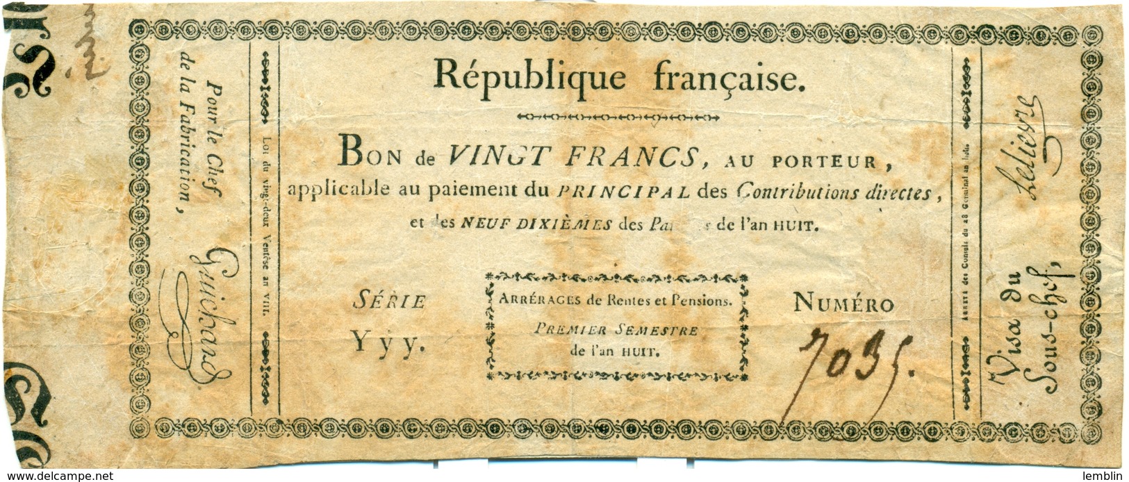 BON AU PORTEUR DE 20 FRANCS14 MARS 1800 - Assignats & Mandats Territoriaux